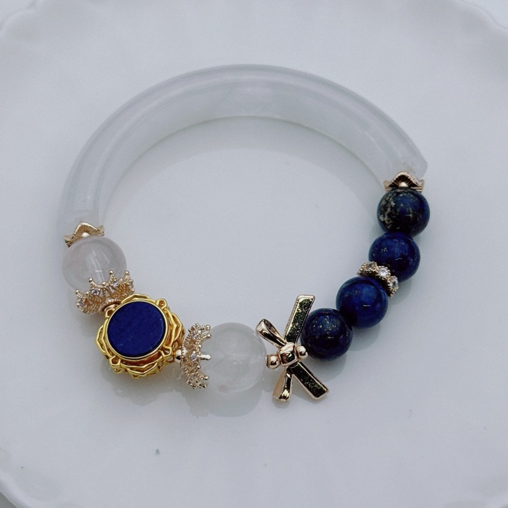 GB72 Handmade Clear Quartz Lapis Half Bangle Stretchable Bracelet